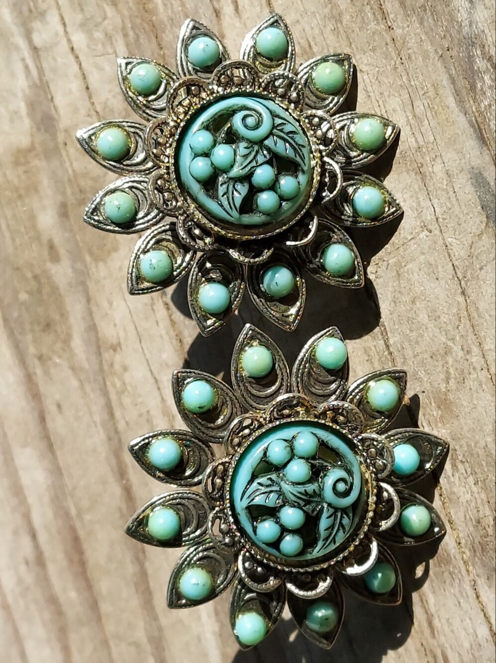 Vintage Filigree Floral Faux Turquoise Clip Earrings